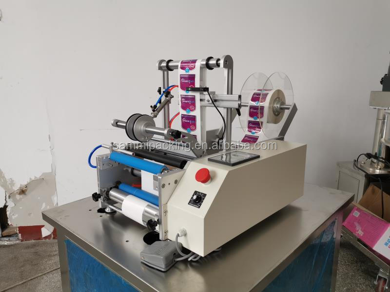 آلة لصق الملصقات على زجاجات زجاجية سعة 10 مل شبه أوتوماتيكية، ملصق على جانب واحد/جانبين، زجاجة مستديرة